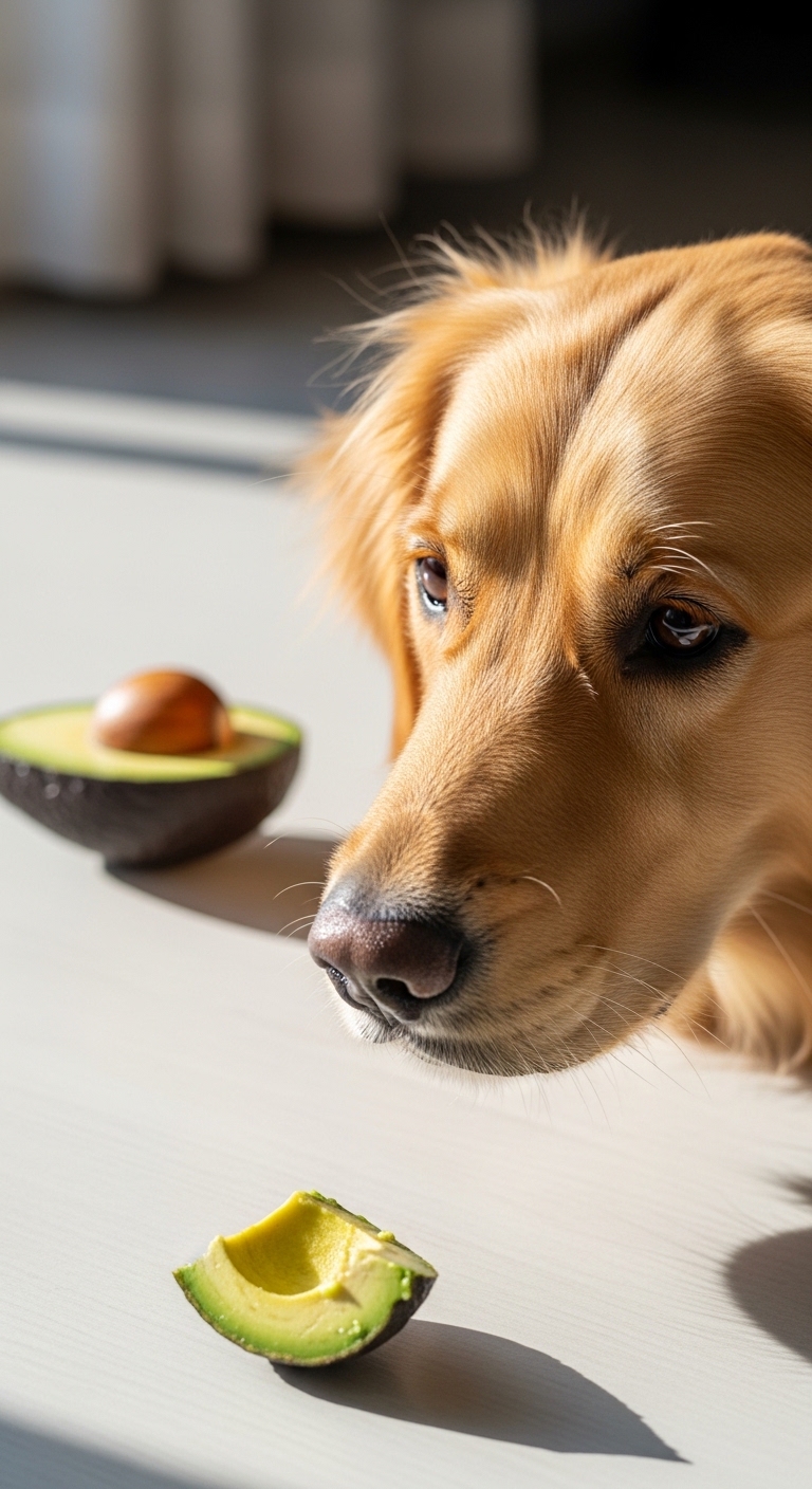 A dog looking at an avocado.