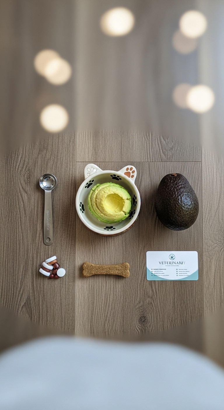 A bowl of avocado sits on a table with a spoon and a card that says "Veterinarian.