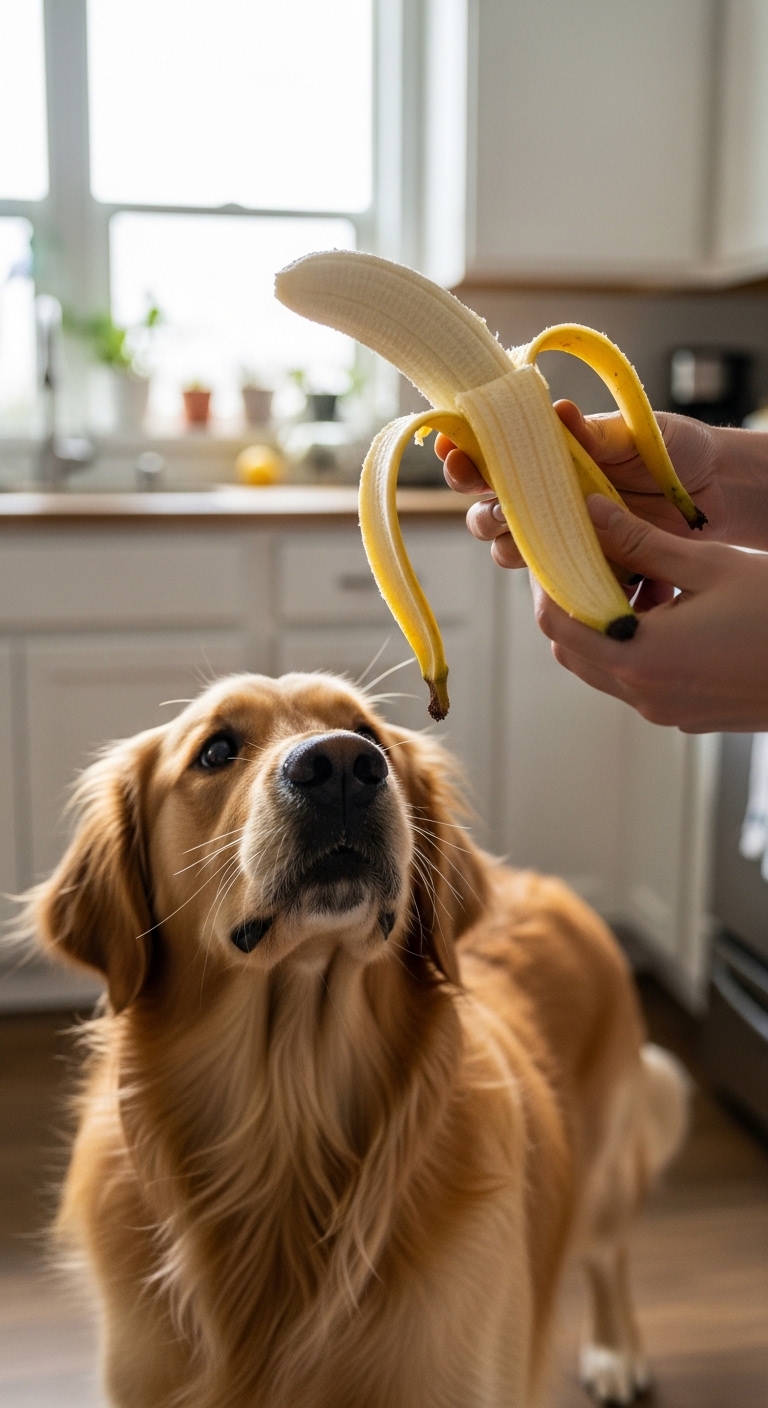 A dog is eating a banana.