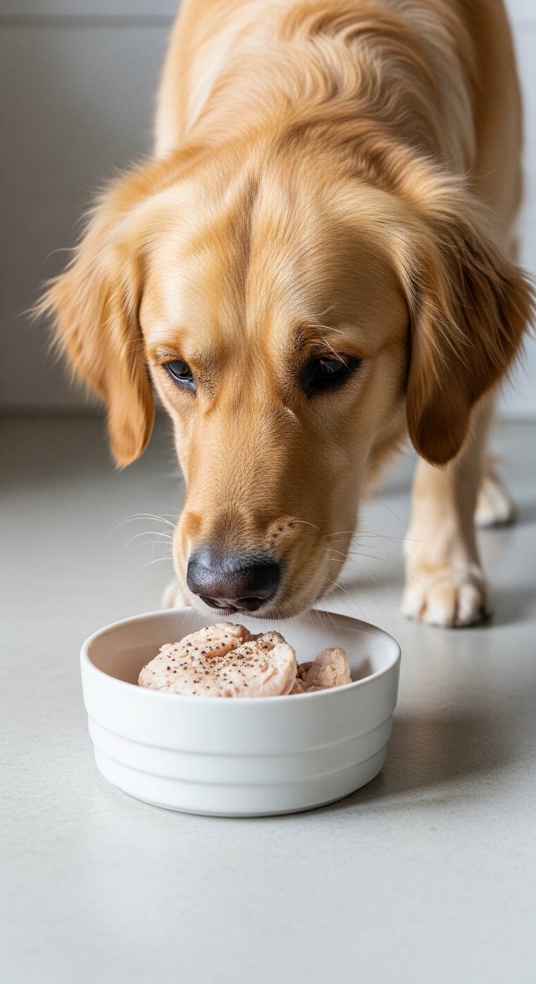 A dog eating something out of a bowl.