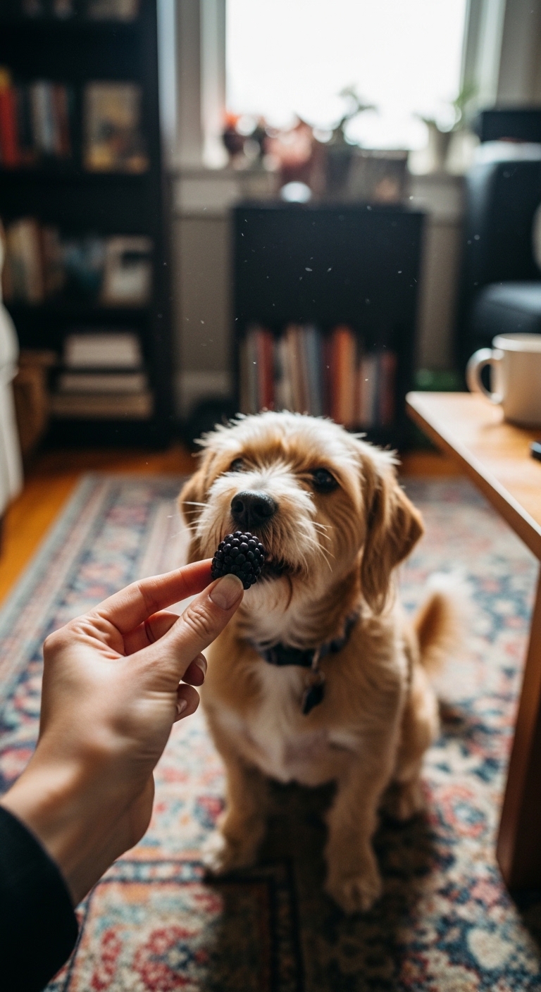 A dog eating a blackberry.