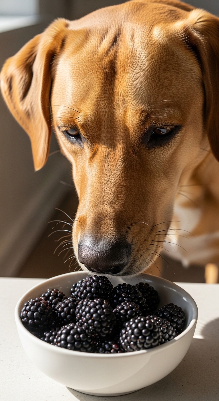 A dog eating blackberries from a bowl.