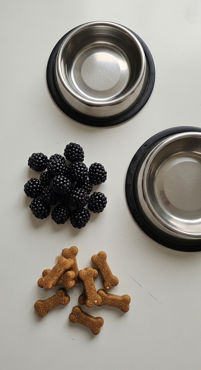 A bowl of blackberries sits on a counter next to a bowl of dog food.