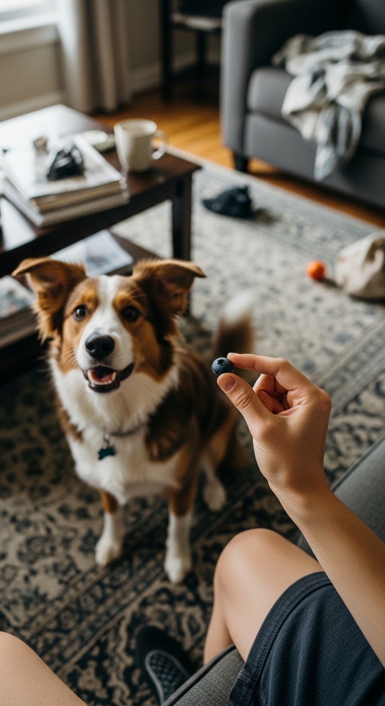 A dog is being fed a blueberry by a person.