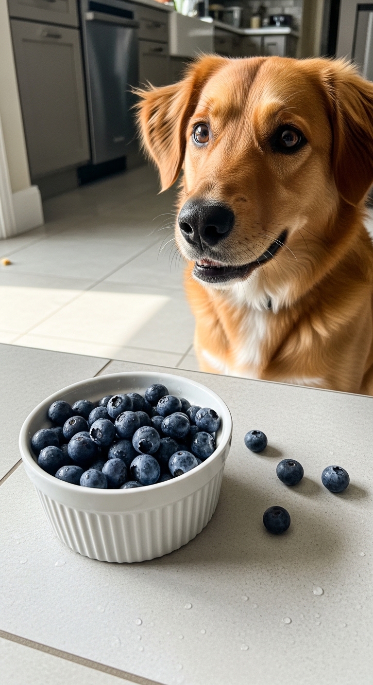 A dog is looking at a bowl of blueberries.
