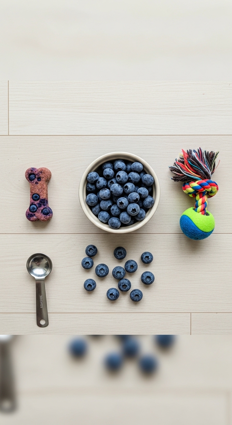 A bowl of blueberries and a dog toy.