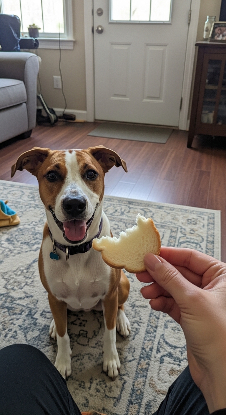 A dog is eating a piece of bread.