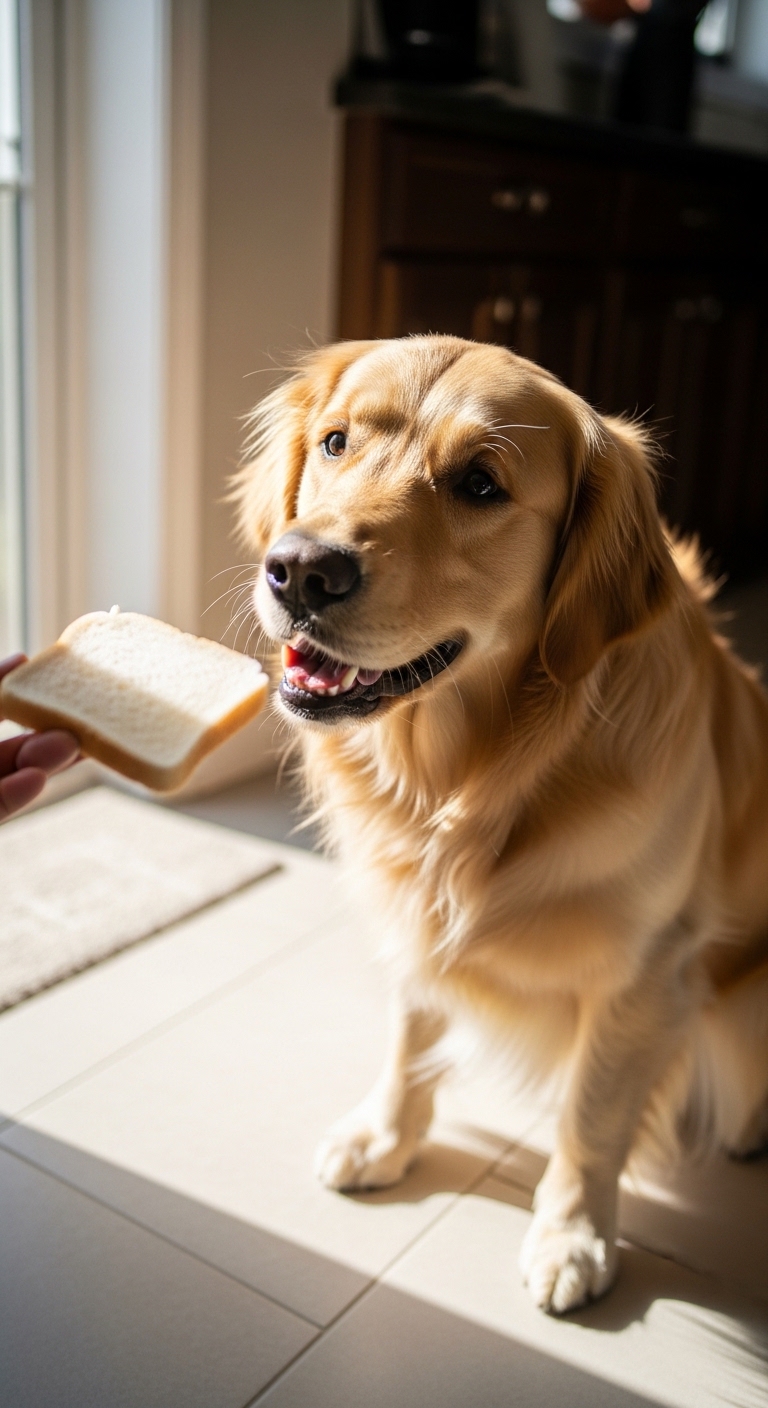 A dog eating a piece of bread.
