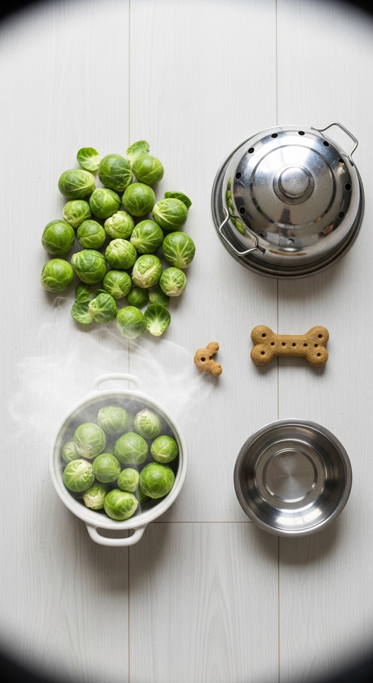 A bowl of Brussel sprouts and a dog bowl with a dog biscuit.