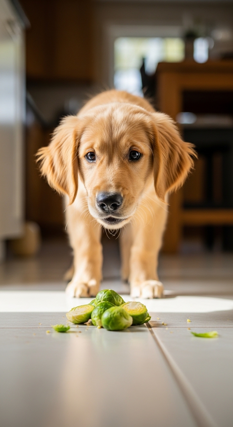 A dog eating a brussel sprout.