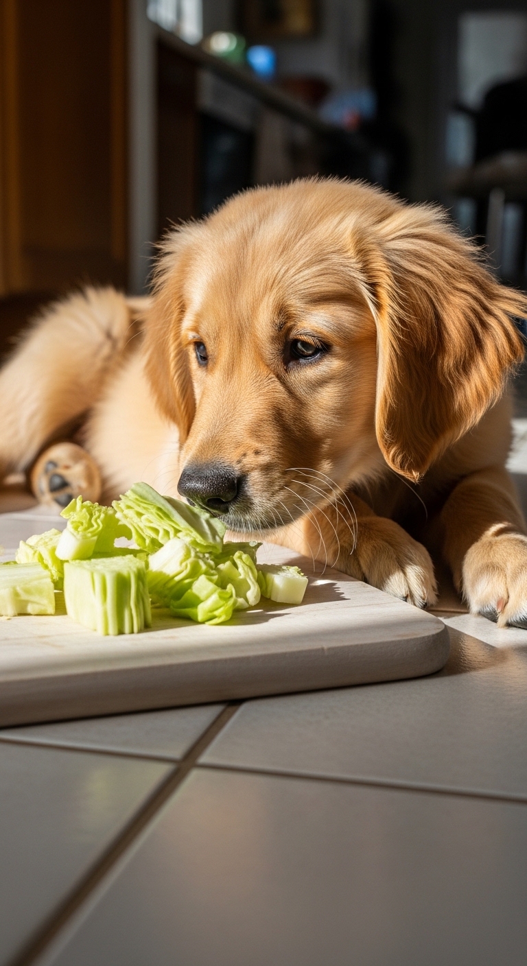 A dog eating cabbage.