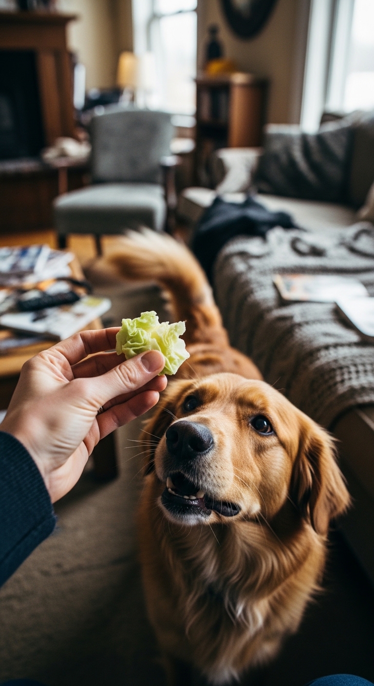 A dog is eating cabbage.