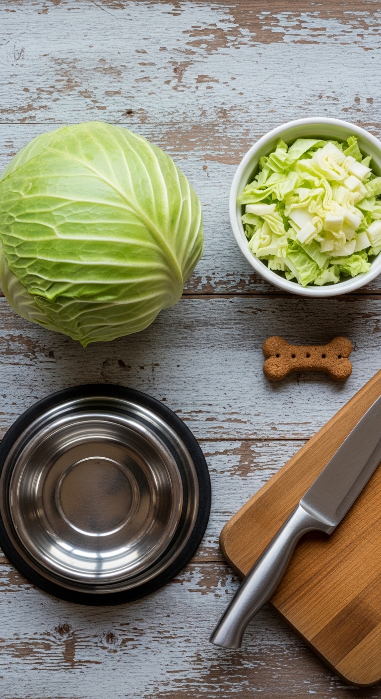 A bowl of cabbage sits on a table next to a dog bowl.