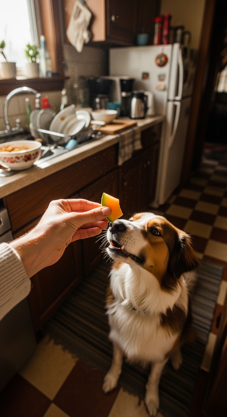 A person is feeding a dog a cantaloupe slice.