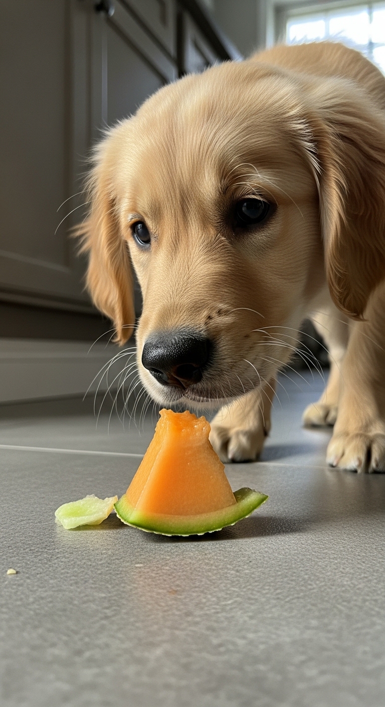 A dog eating a piece of cantaloupe.