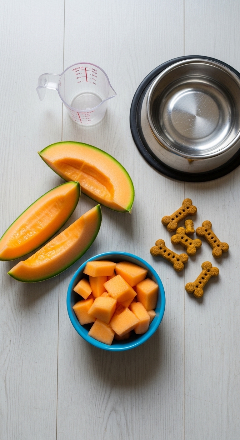 A bowl of dog treats and a cantaloupe.
