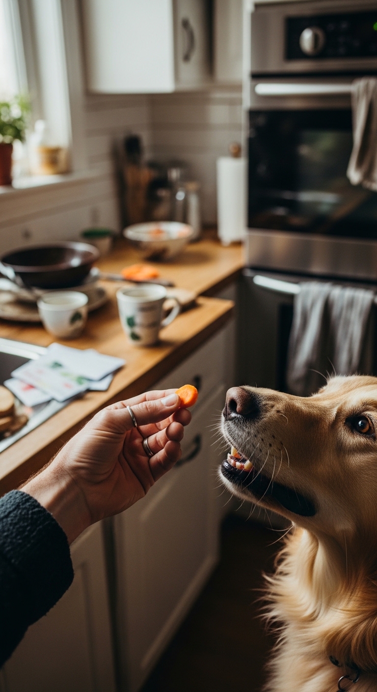 A dog is eating a carrot.