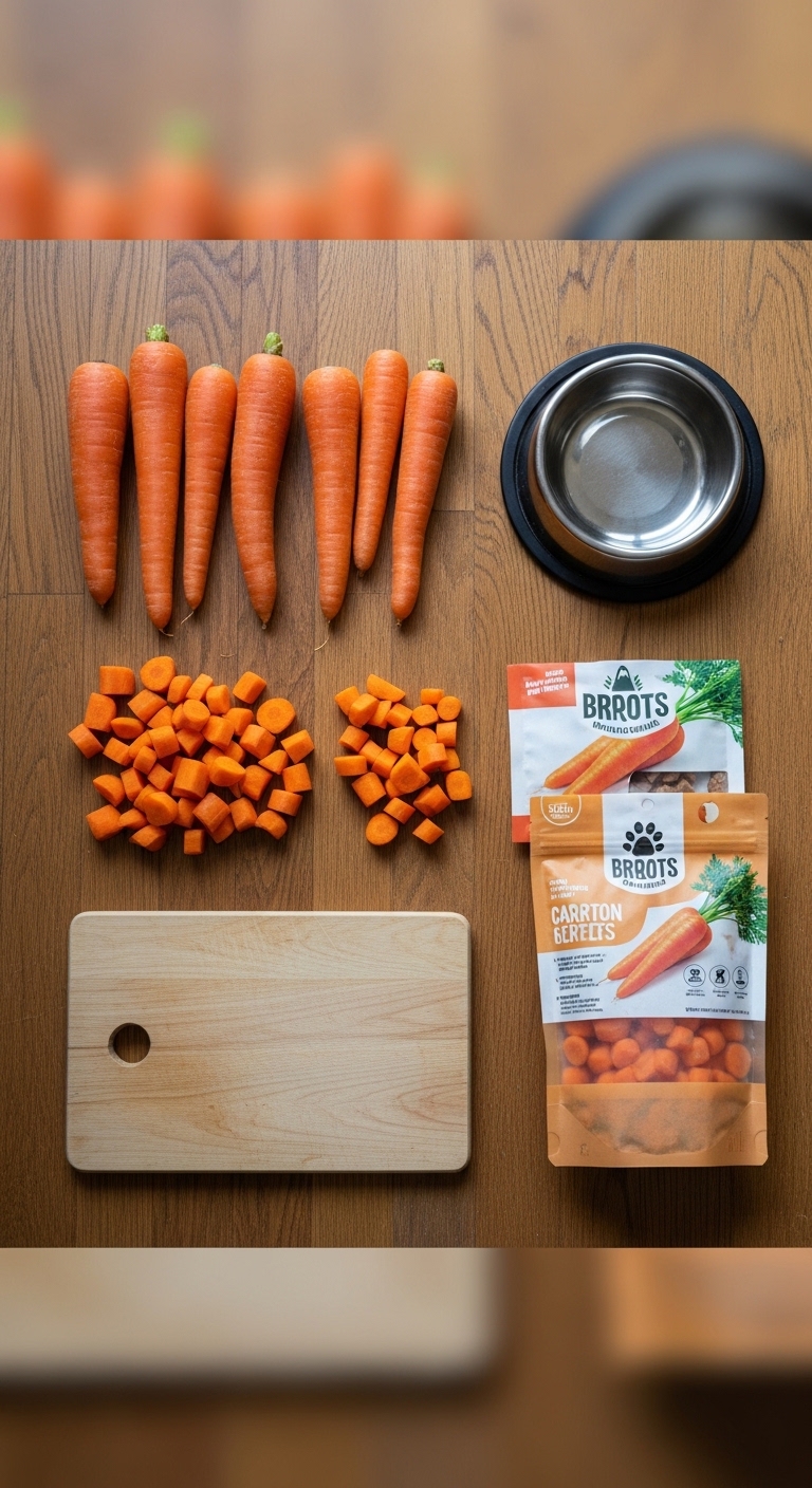 A wooden cutting board with carrots and a bag of Brots.