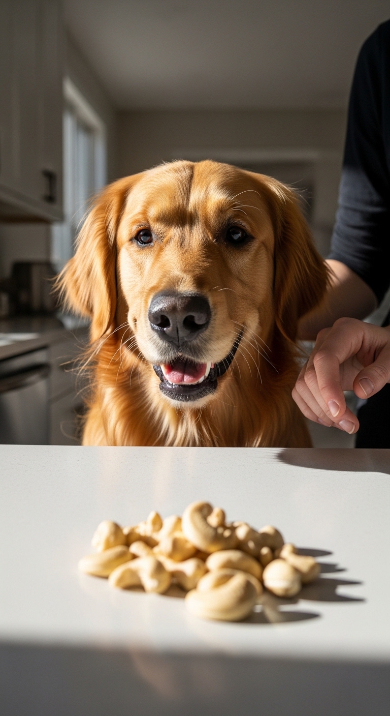 A dog is eating cashews.