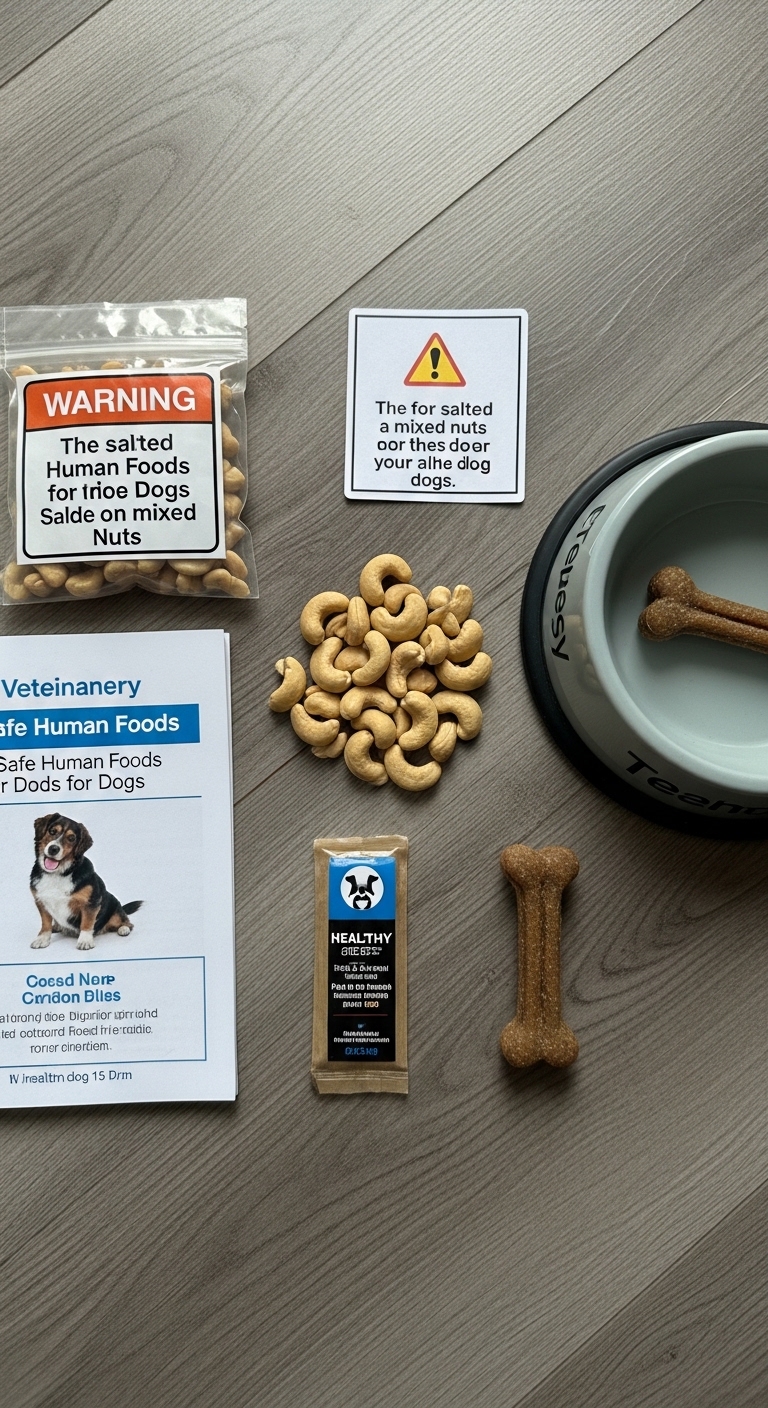 A bowl of dog food sits next to a bag of cashews.