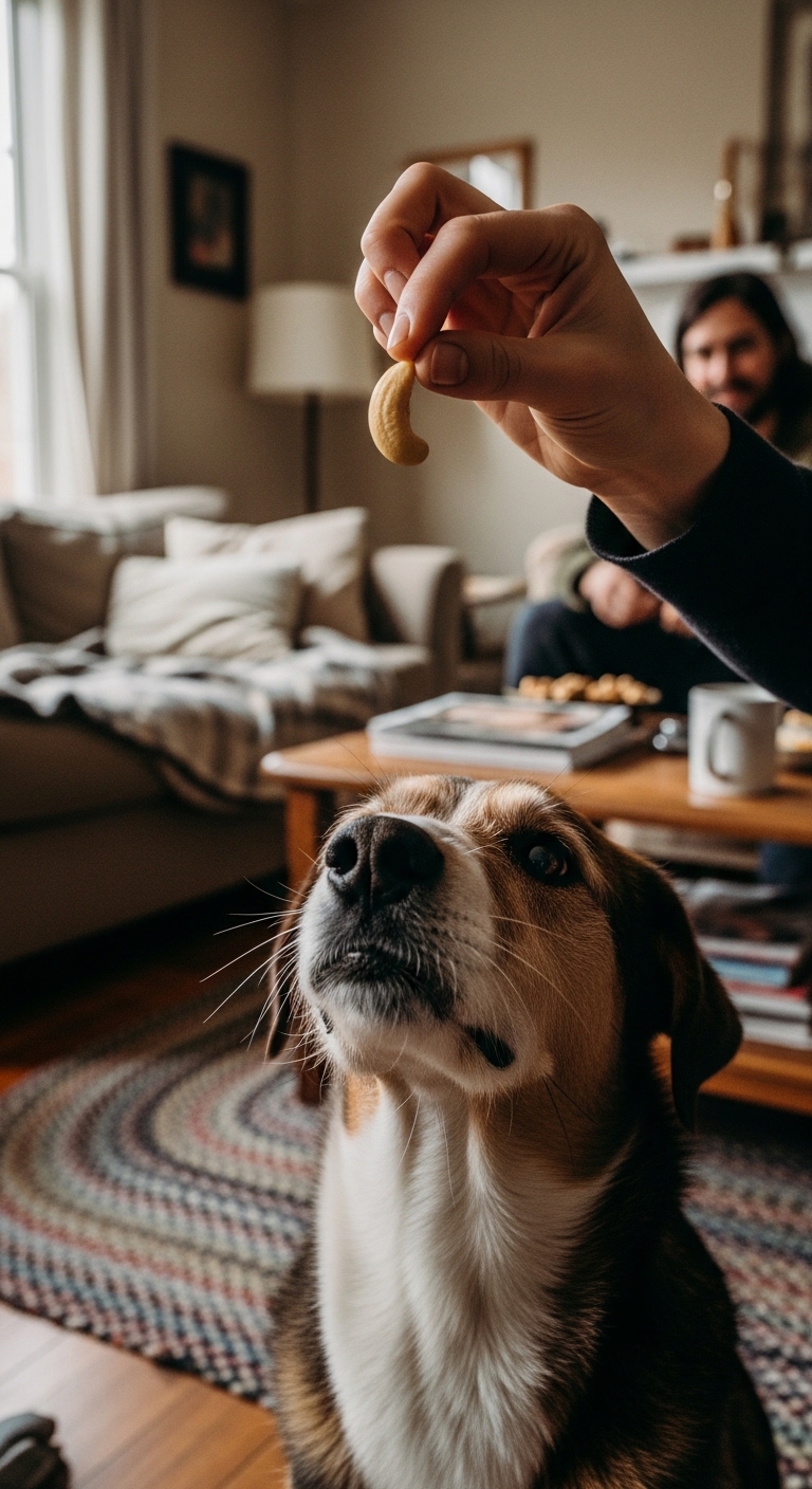 A dog is begging for a cashew.