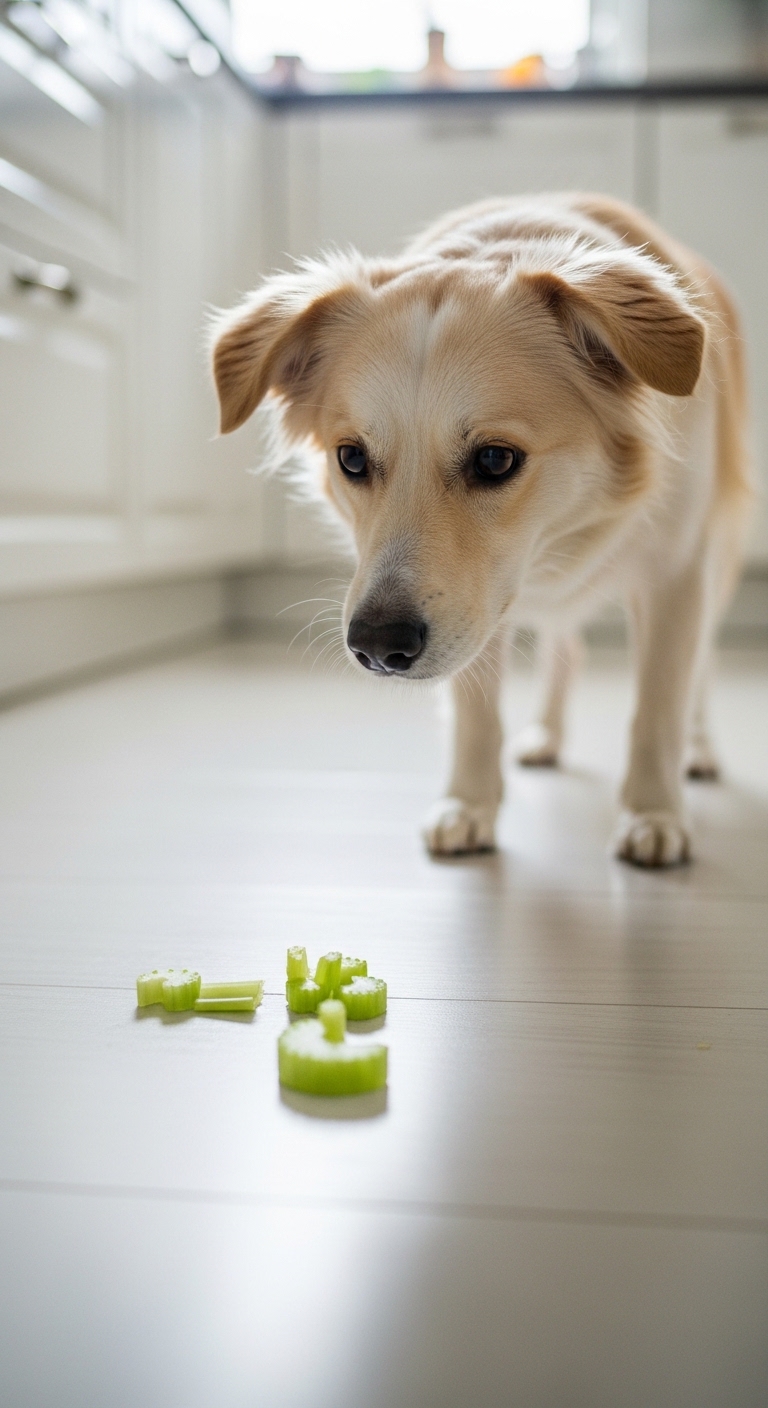 A dog is looking at a piece of celery on the floor.