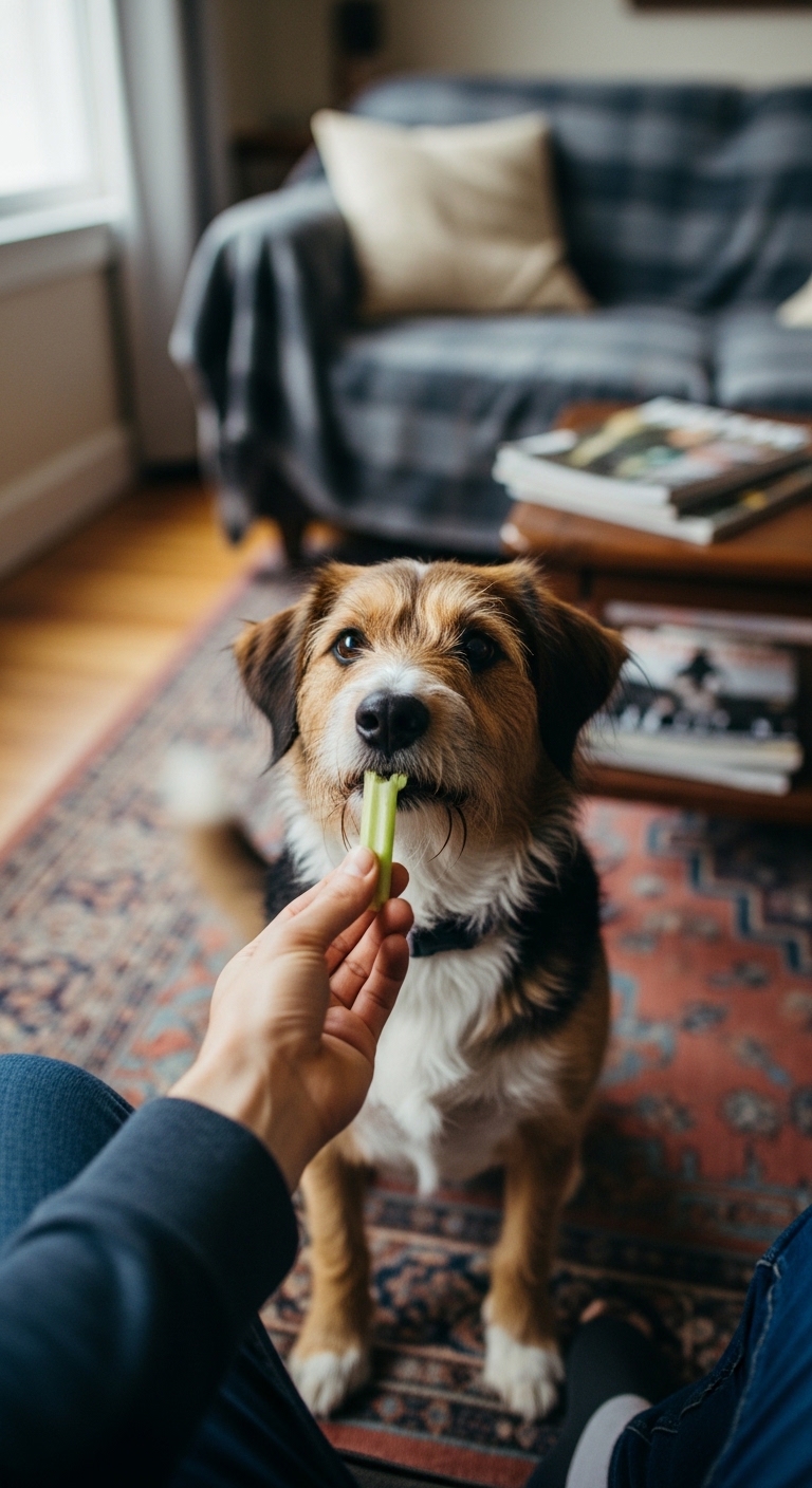 A dog eating celery.