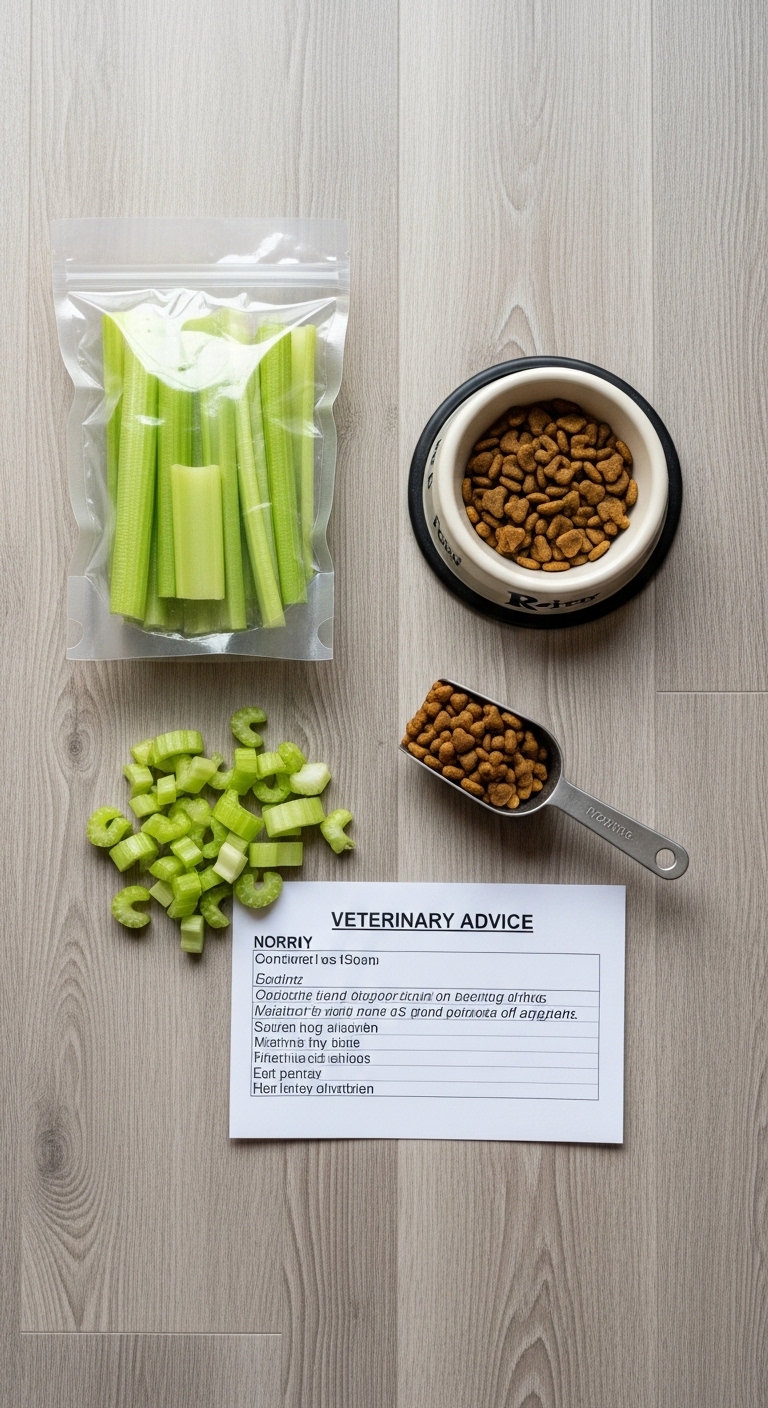A bowl of dog food sits next to a bag of celery.