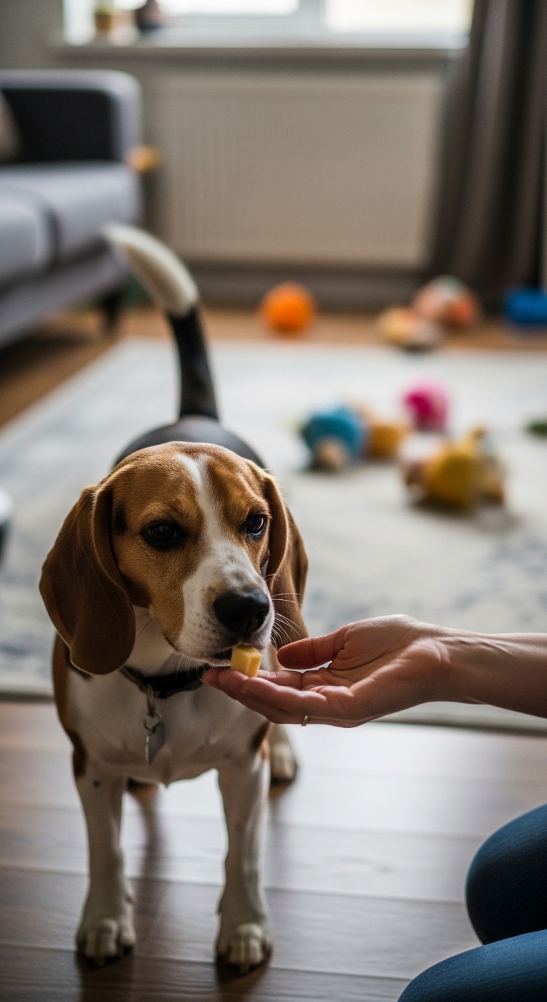 A dog eating a piece of cheese.