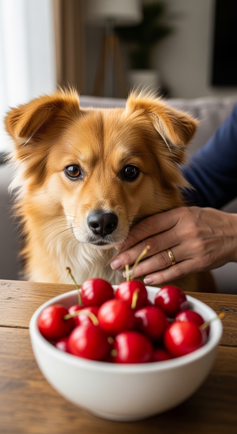 A dog is eating cherries from a bowl.