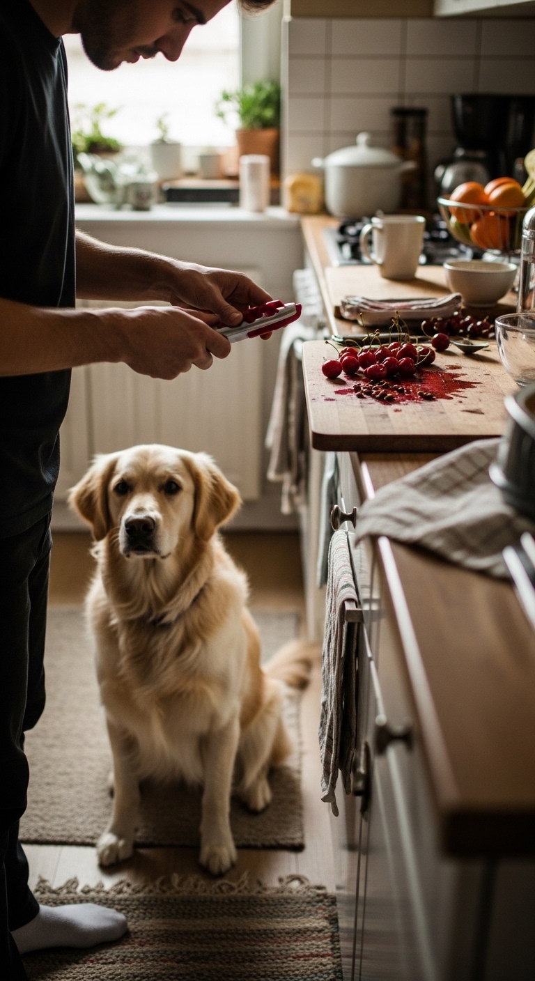 A man is cutting cherries in front of a dog.