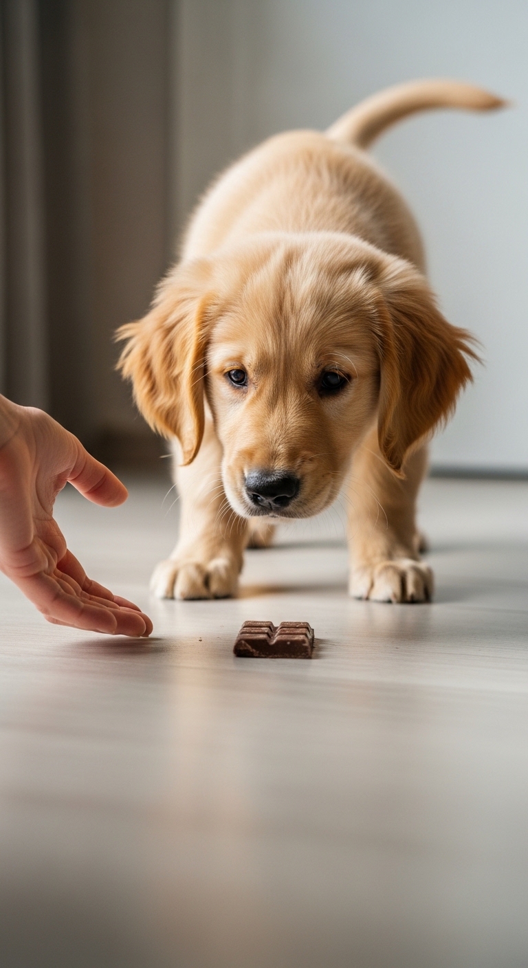 A dog is sniffing a chocolate bar.