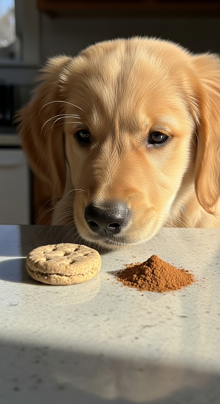 A dog sniffing a cookie and a spoonful of cinnamon.