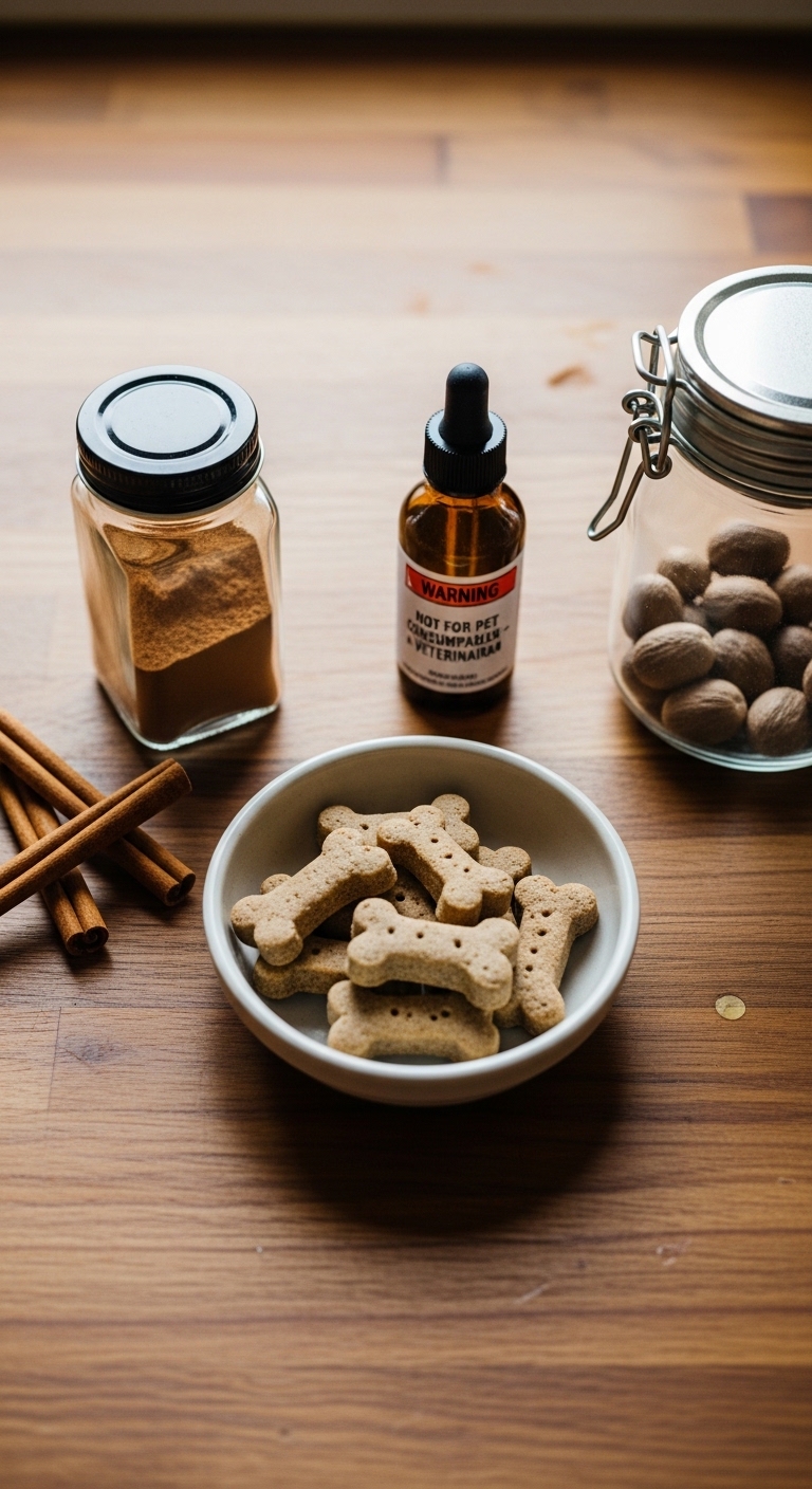 A bowl of dog biscuits sits on a table next to a bottle of cinnamon oil.