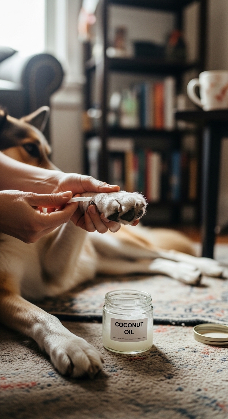 A person is petting a dog's paw while holding a jar of coconut oil.