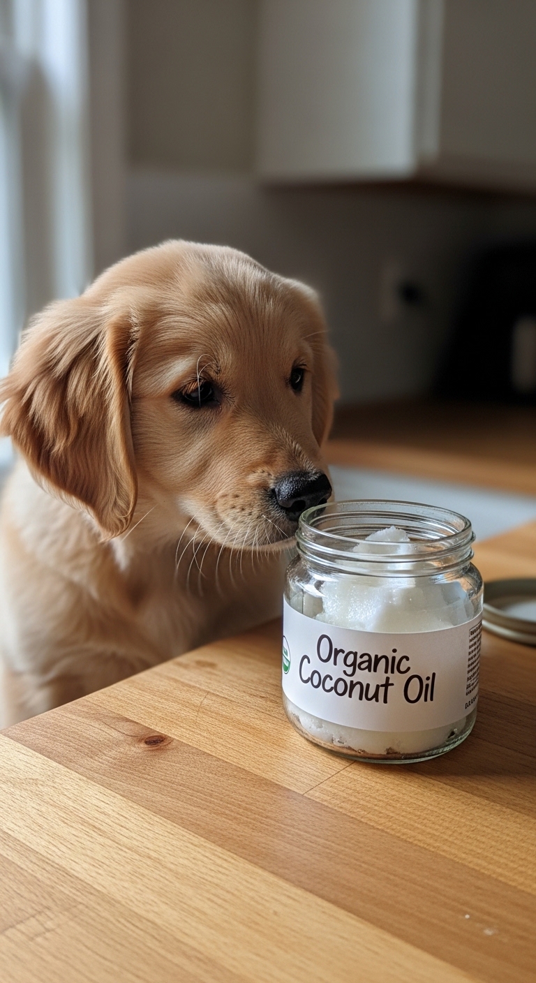 A dog sniffing a jar of coconut oil.