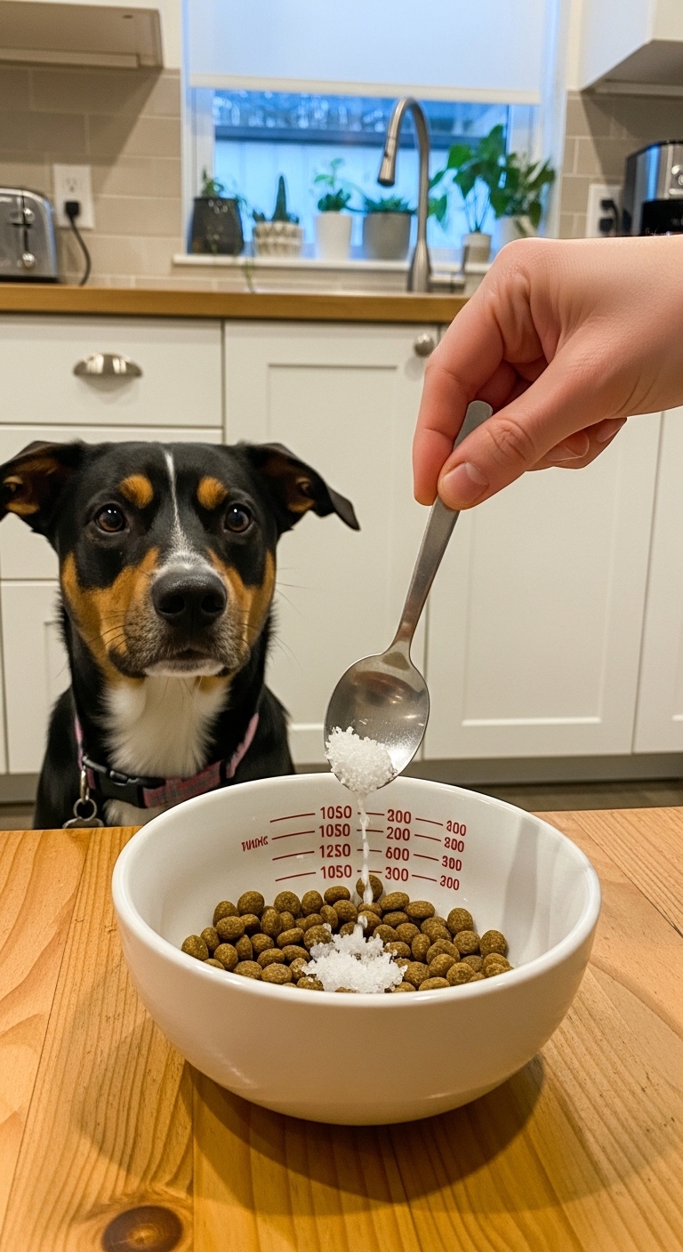 A dog is looking at a spoonful of coconut oil.
