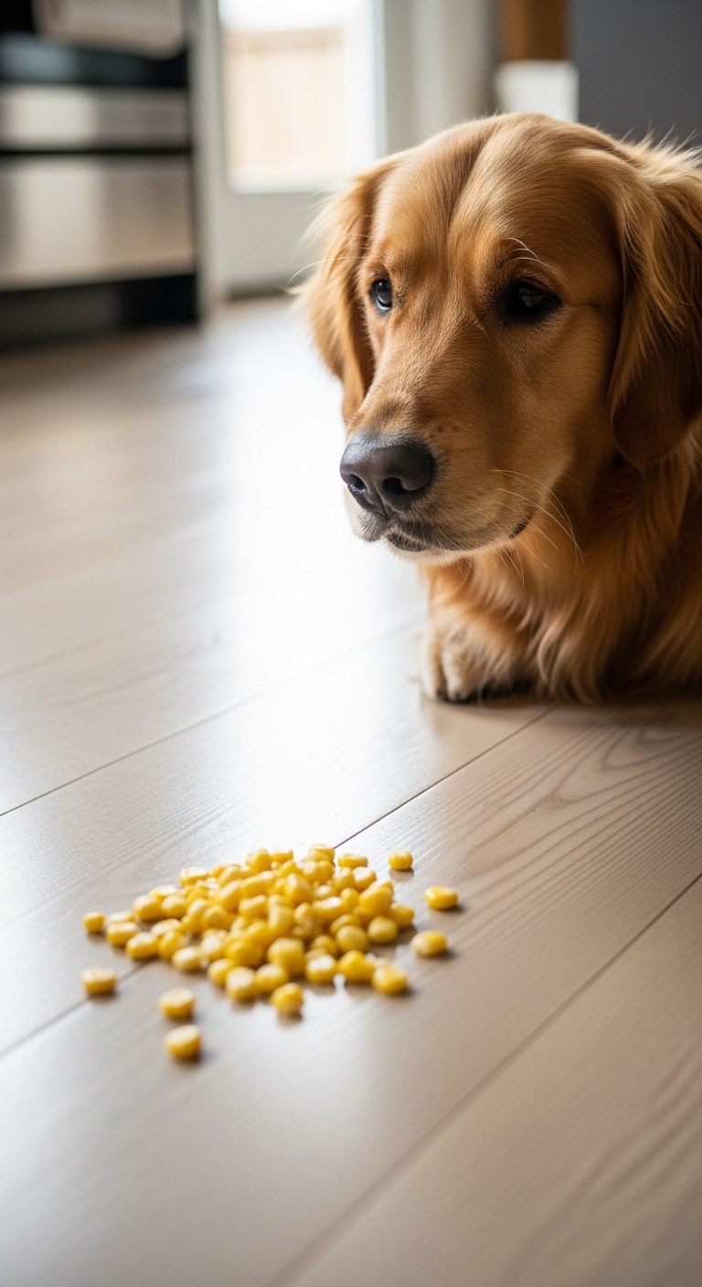 A dog is laying on the floor next to corn.