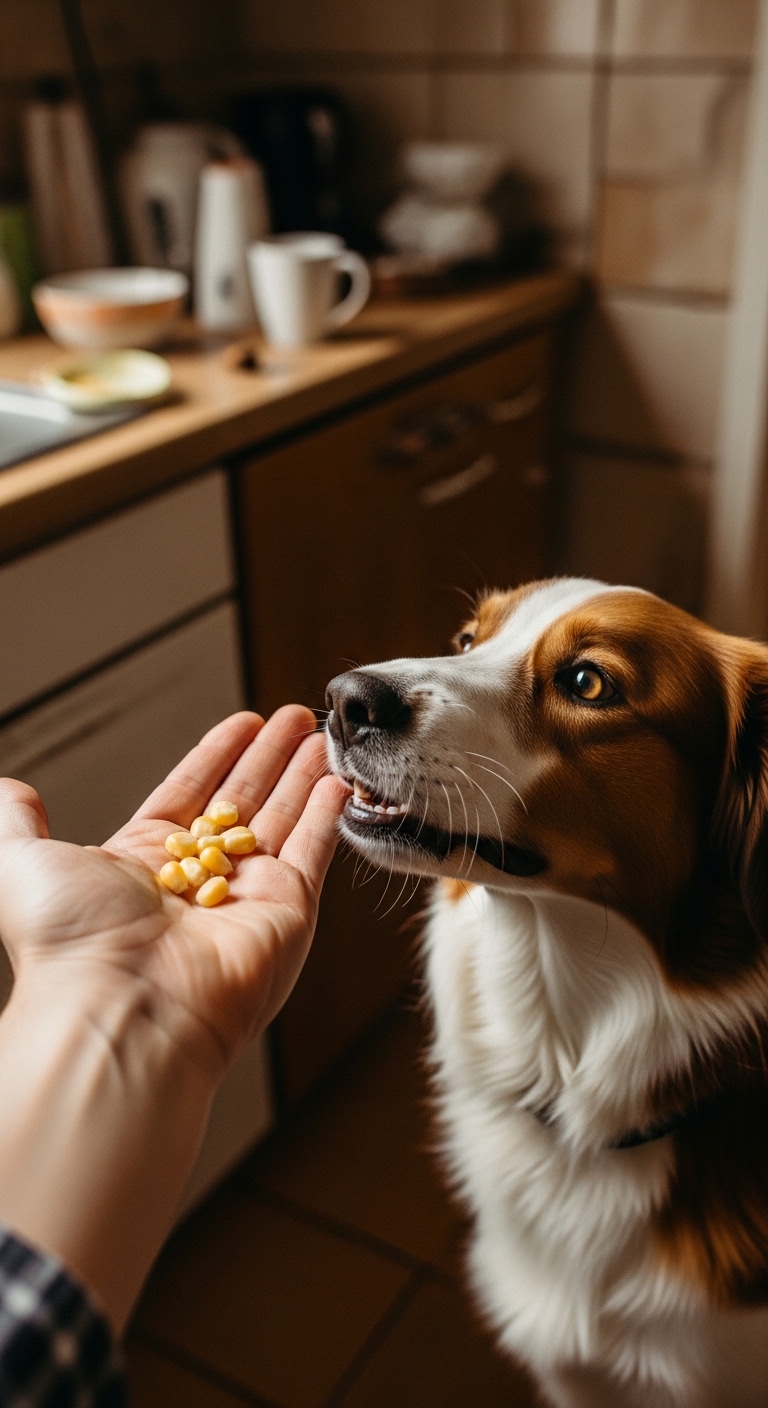 A dog eating corn from a person's hand.