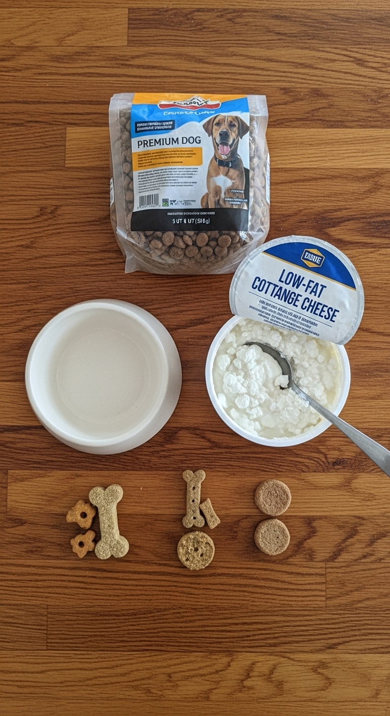 A bowl of cottage cheese and a bag of dog food.