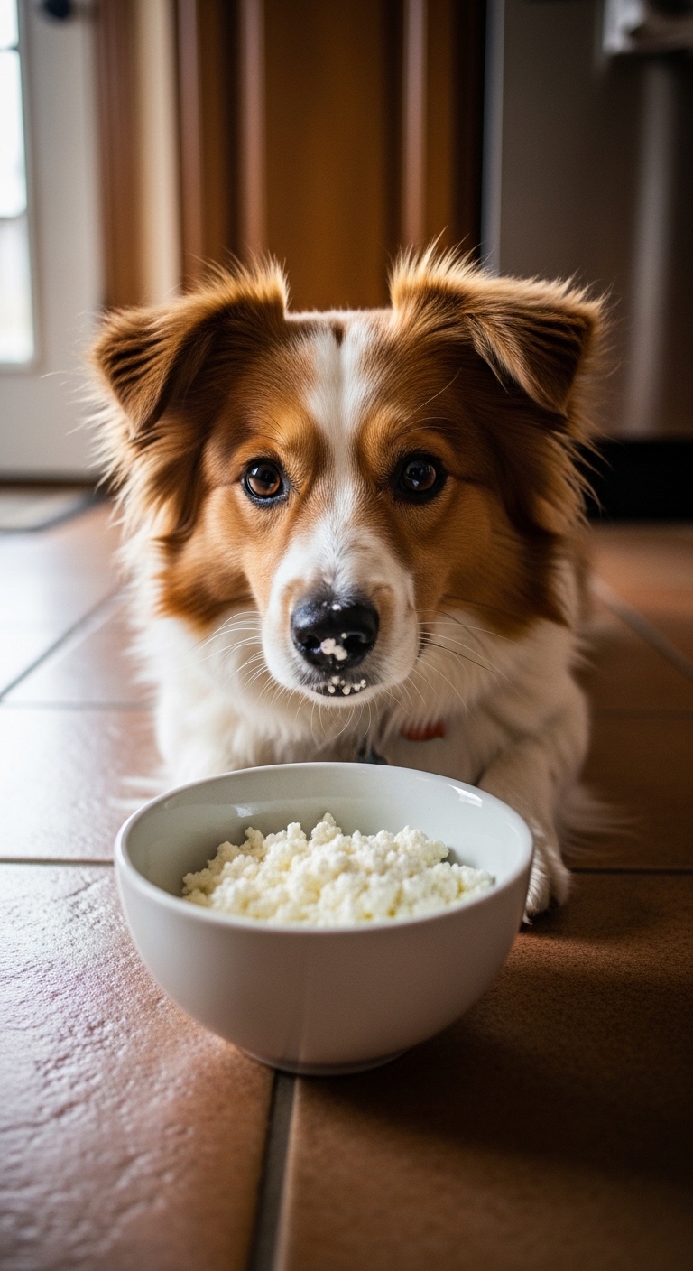 A dog eating cottage cheese.