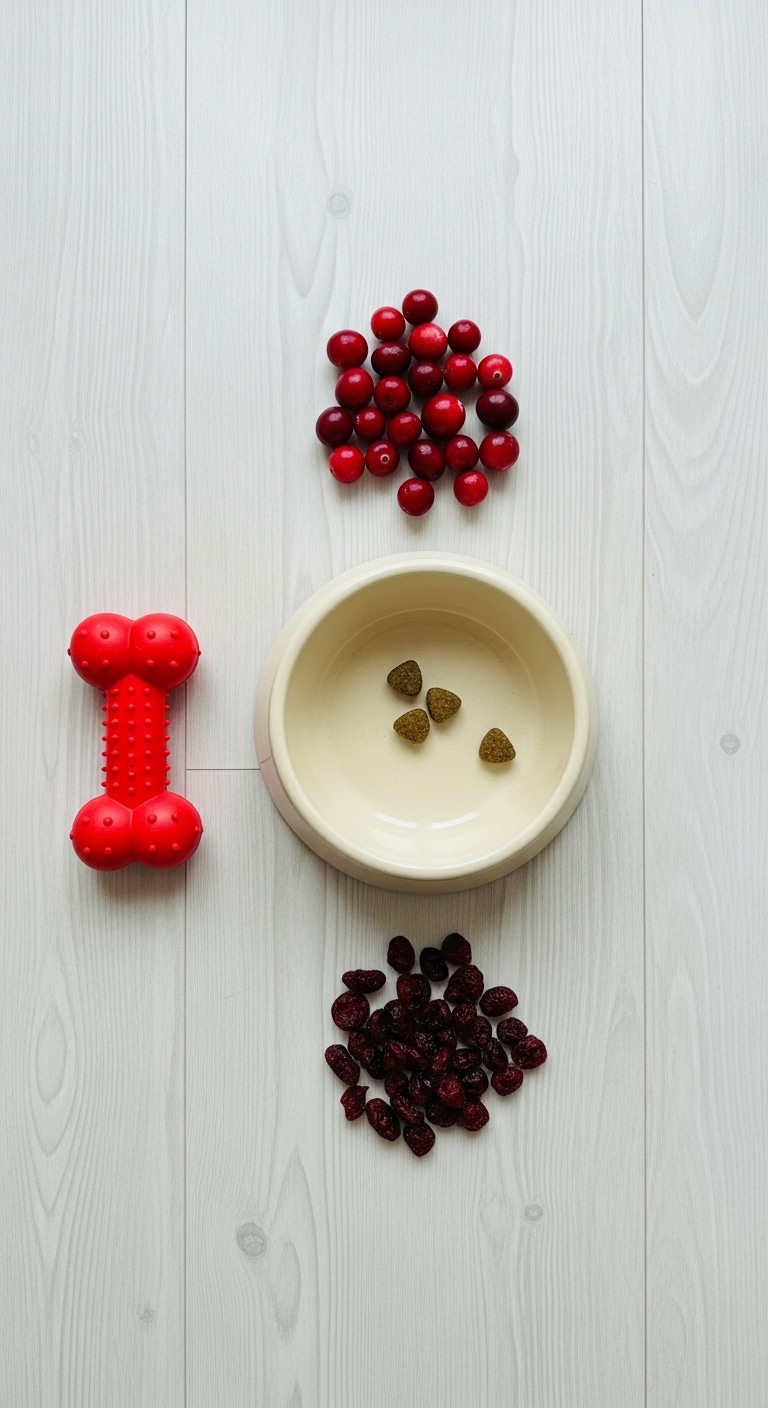 A bowl of cranberries and a red dog toy.