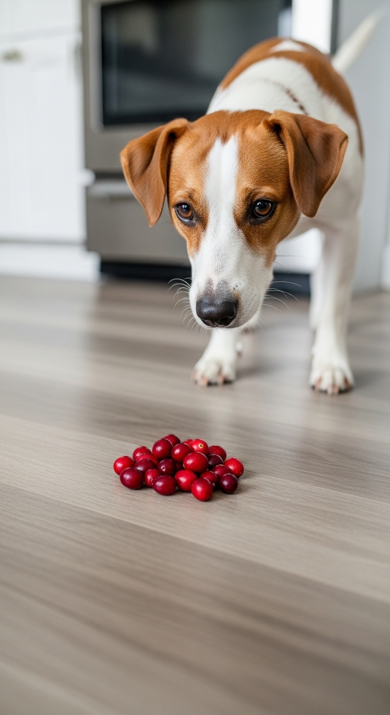 A dog is sniffing a cranberry.