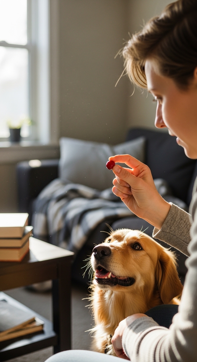 A woman holding a cranberry in front of a dog.