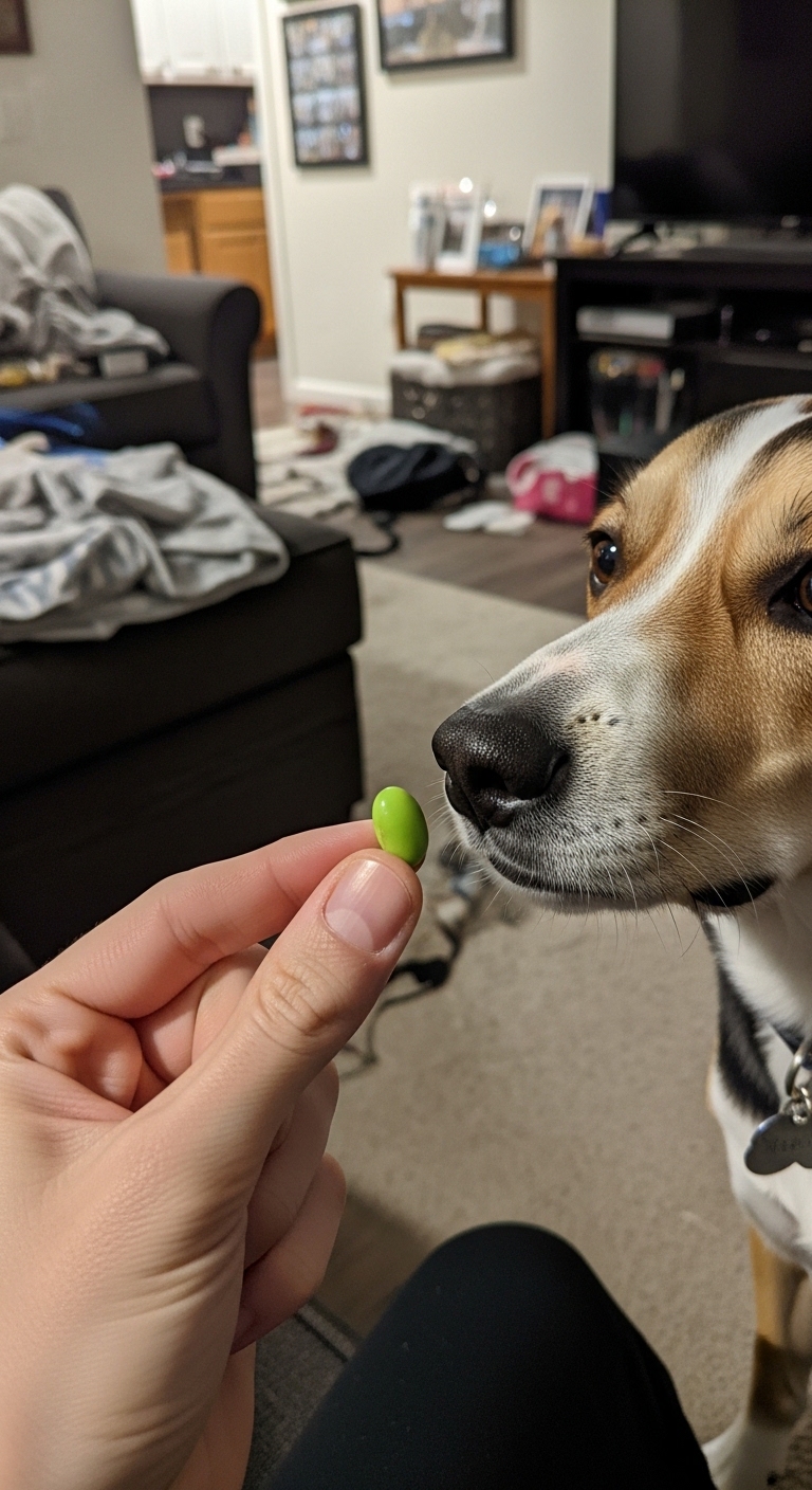 A dog is eating a green bean.