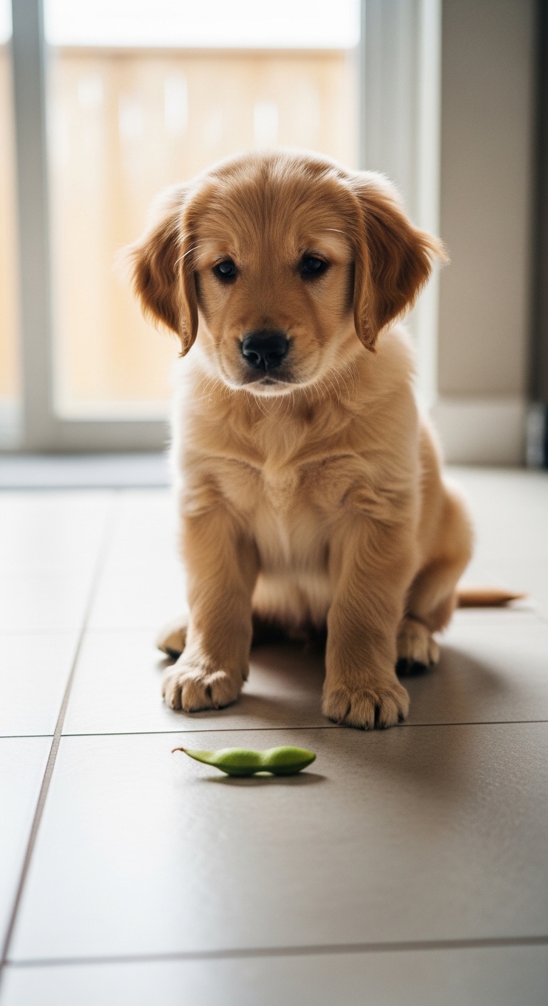 A dog is sitting on the floor with a green bean in front of it.