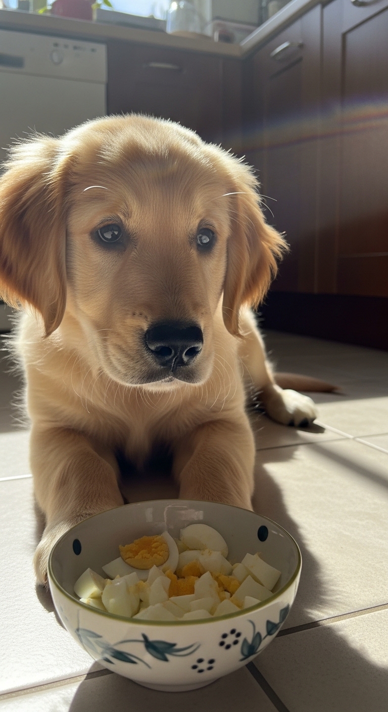 A dog eating an egg.