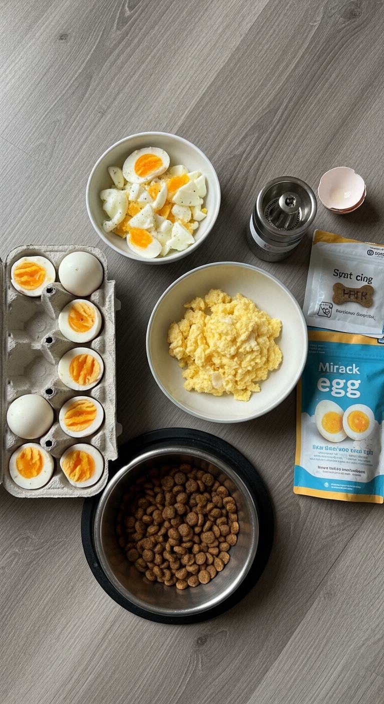 A bowl of eggs and a bag of dog food.