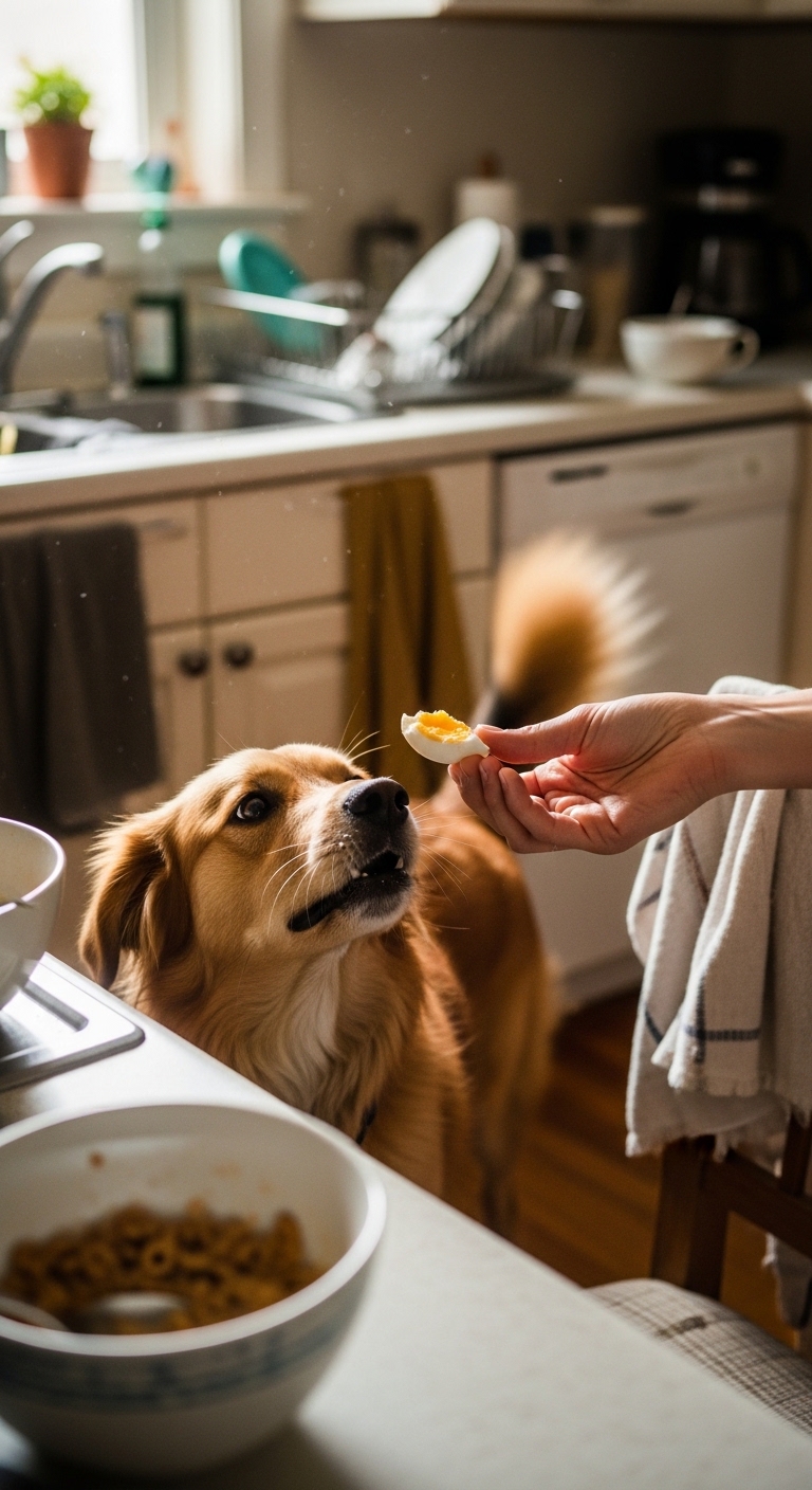 A dog is eating an egg from a person's hand.