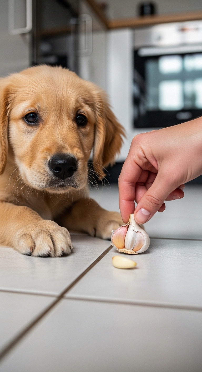 A dog is eating a garlic clove.